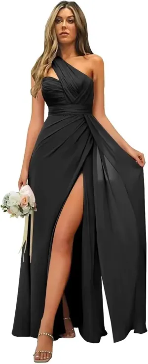 Women's Chiffon One Shoulder Bridesmaid Dresses A-Line Long Pleated Formal Evening Party Gown