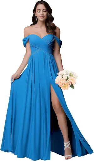 Women's Chiffon V-Neck Bridesmaid Dresses Long 2024 Off Shoulder Prom Dresses with Slit