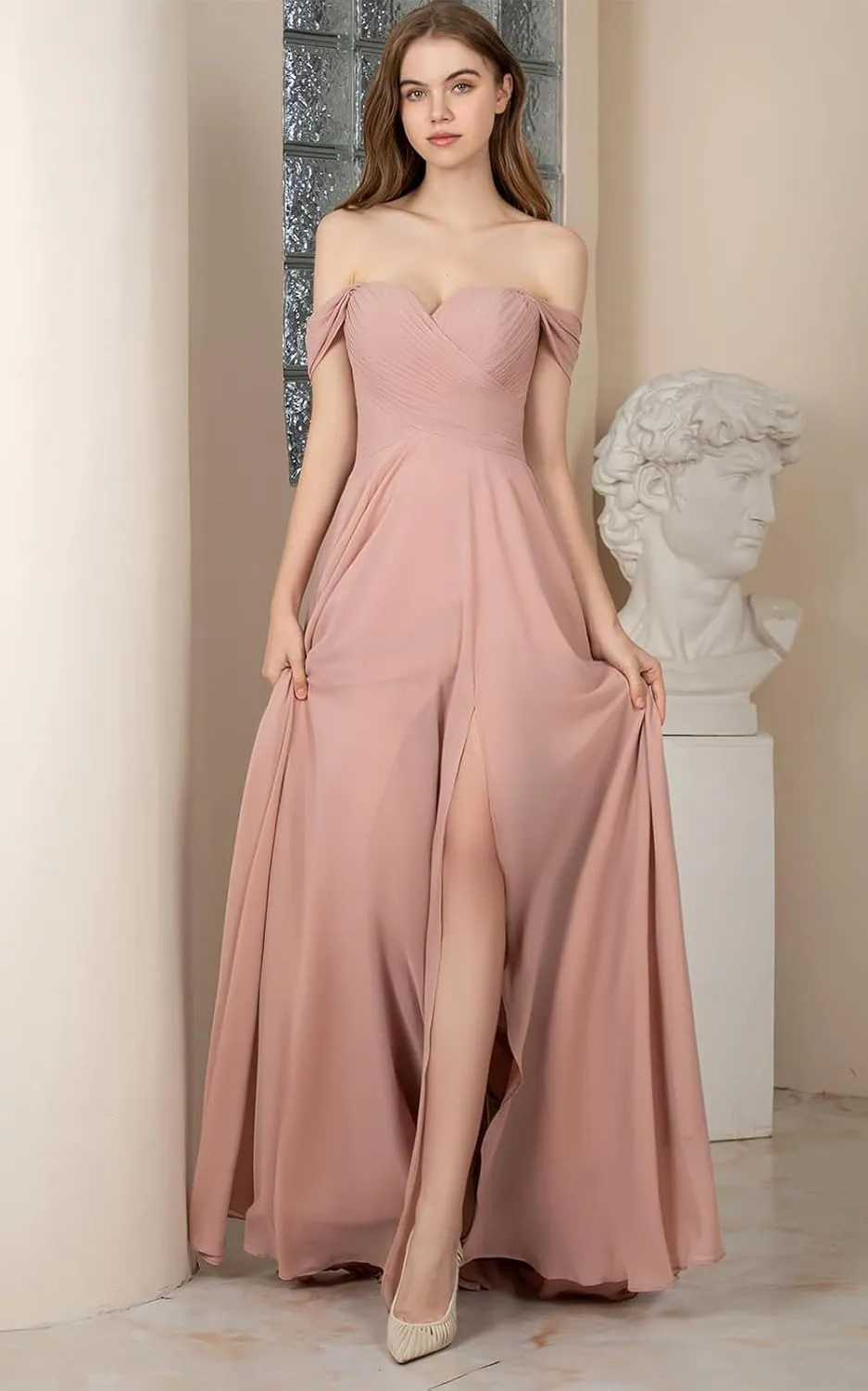Women's Chiffon V-Neck Bridesmaid Dresses Long 2024 Off Shoulder Prom Dresses with Slit