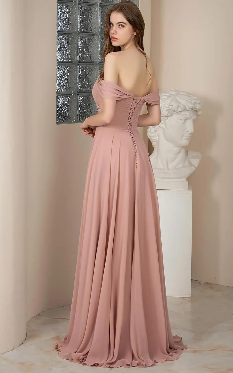 Women's Chiffon V-Neck Bridesmaid Dresses Long 2024 Off Shoulder Prom Dresses with Slit