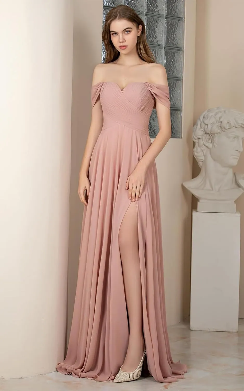 Women's Chiffon V-Neck Bridesmaid Dresses Long 2024 Off Shoulder Prom Dresses with Slit