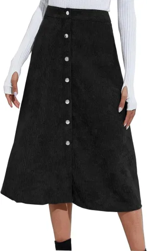 Womens Corduroy Midi Skirts Button Up High Waist A-Line Basic Solid Color Business Casual Slim Fit Winter Skirts