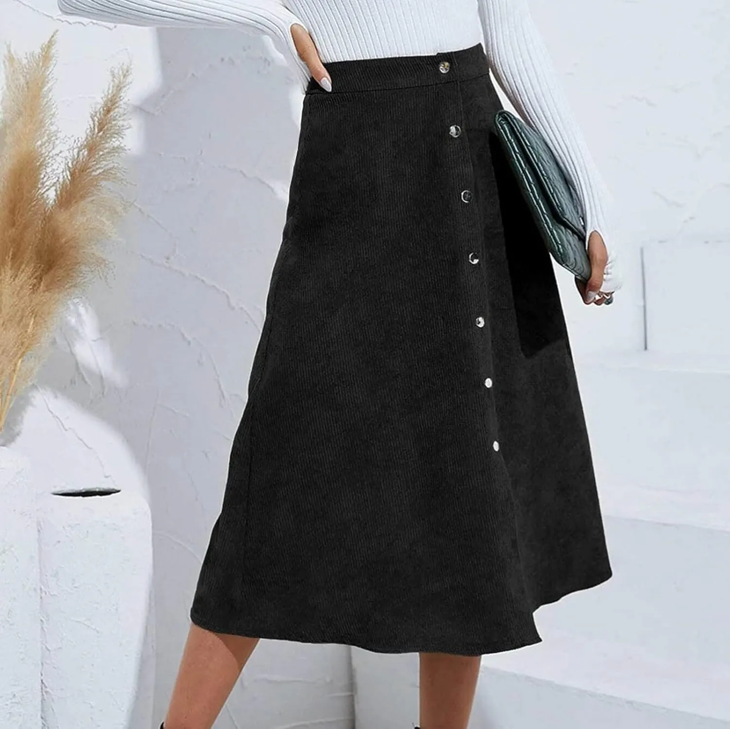 Womens Corduroy Midi Skirts Button Up High Waist A-Line Basic Solid Color Business Casual Slim Fit Winter Skirts
