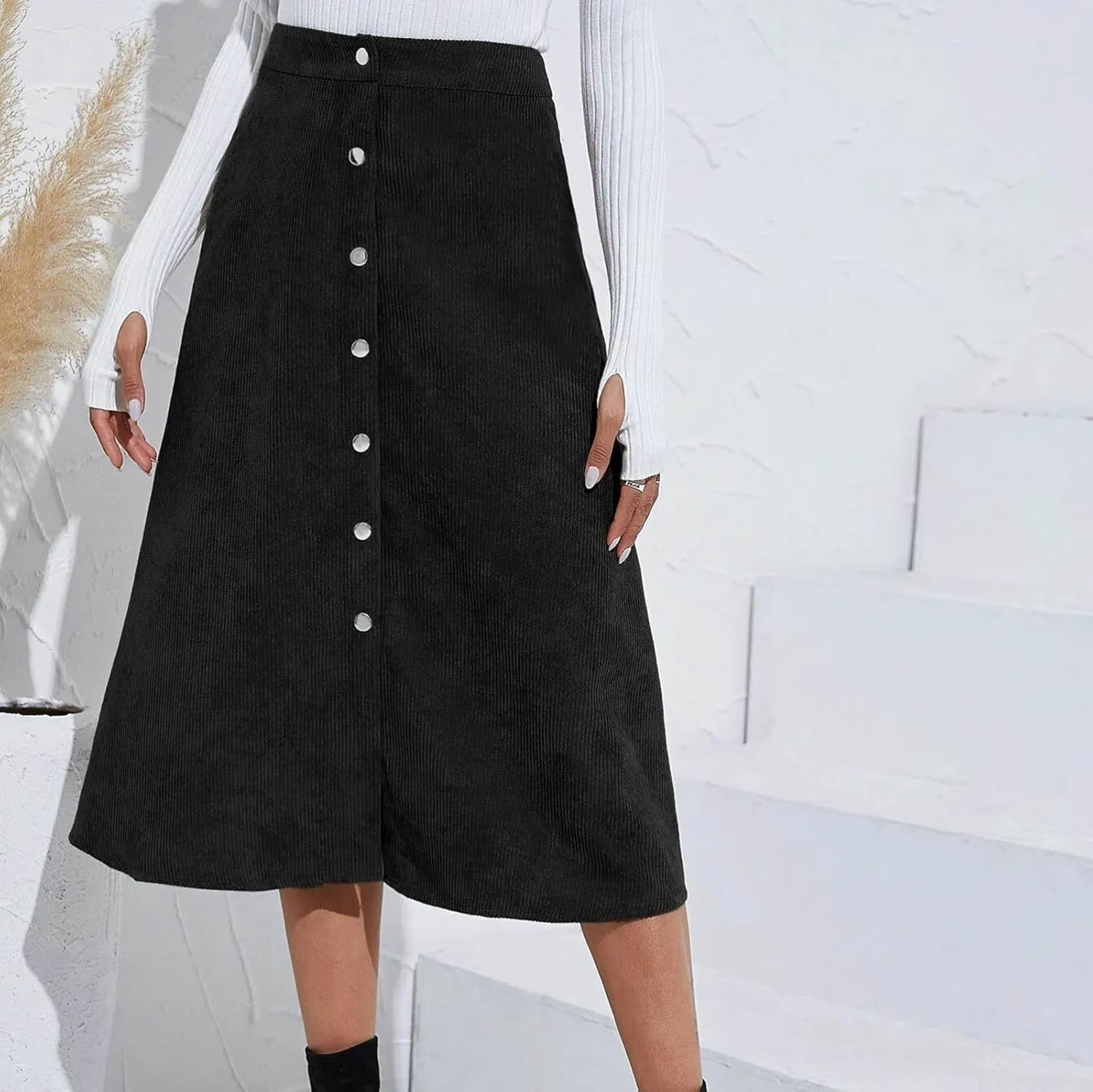 Womens Corduroy Midi Skirts Button Up High Waist A-Line Basic Solid Color Business Casual Slim Fit Winter Skirts
