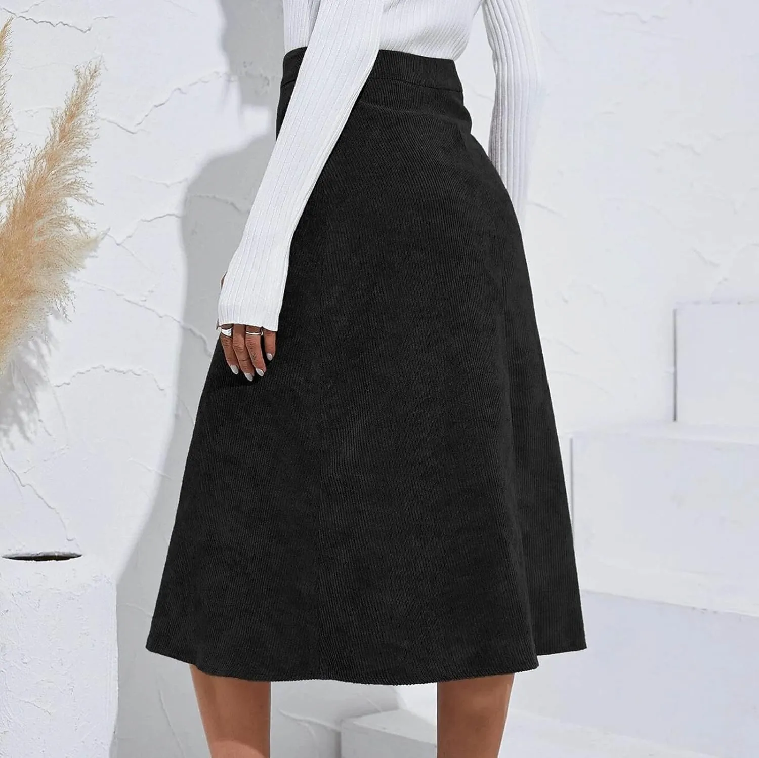 Womens Corduroy Midi Skirts Button Up High Waist A-Line Basic Solid Color Business Casual Slim Fit Winter Skirts