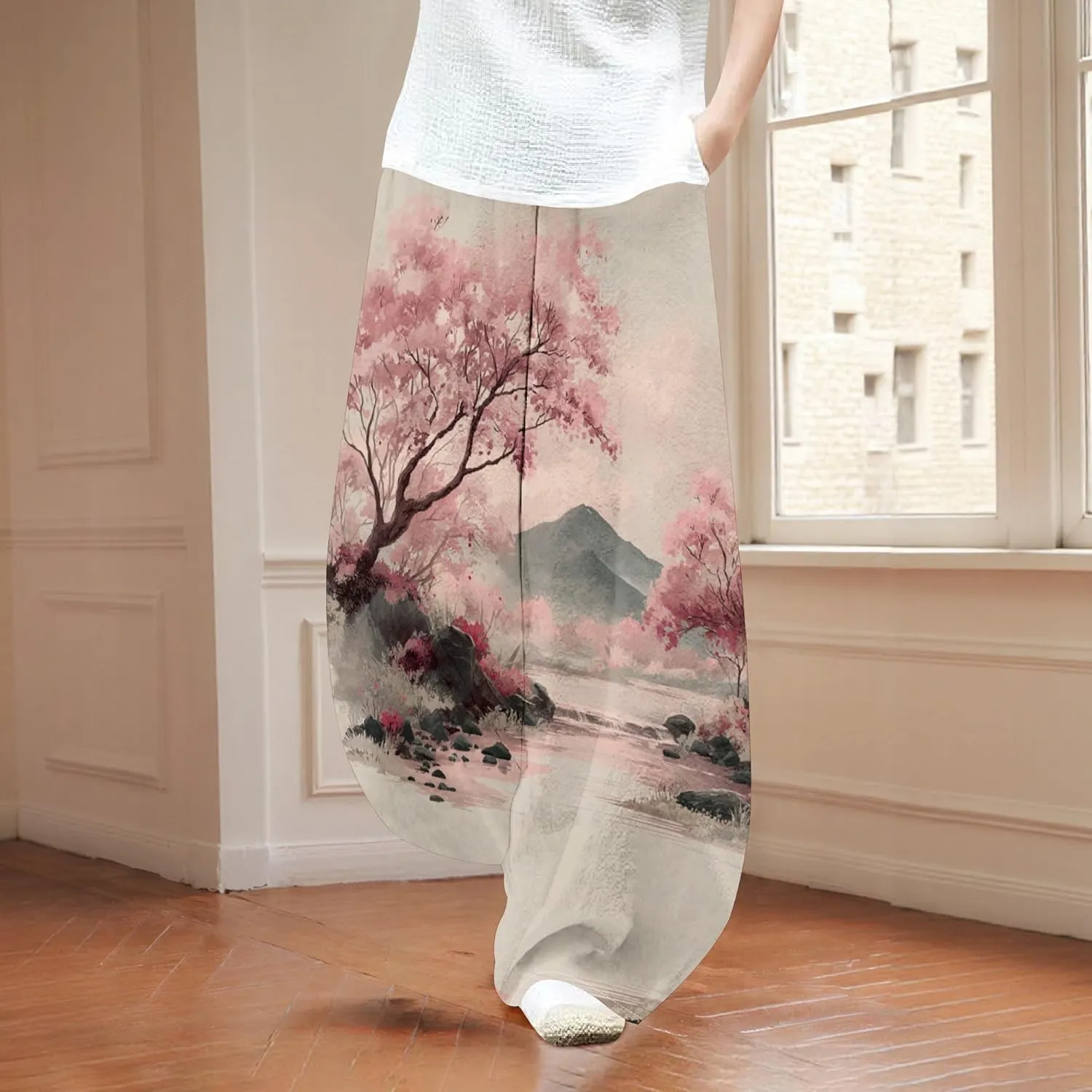 Womens Cotton Linen Low Waisted Harem Pants with Pockets Summer Casual Baggy Elastic Waist Palazzo Lounge Trousers