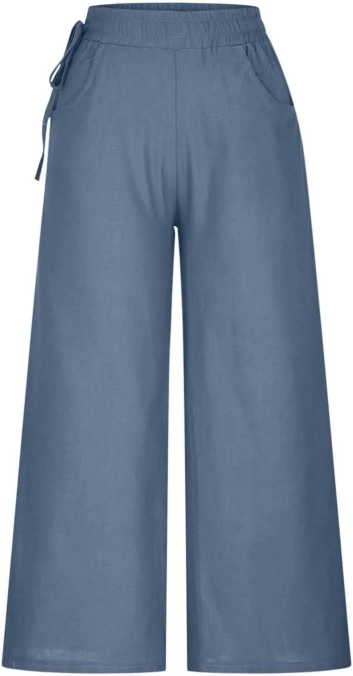 Women's Cotton Linen Pants Casual Solid Wide Leg Trousers Loose Elastic Waist Drawstring Palazzo Pant with Pockets