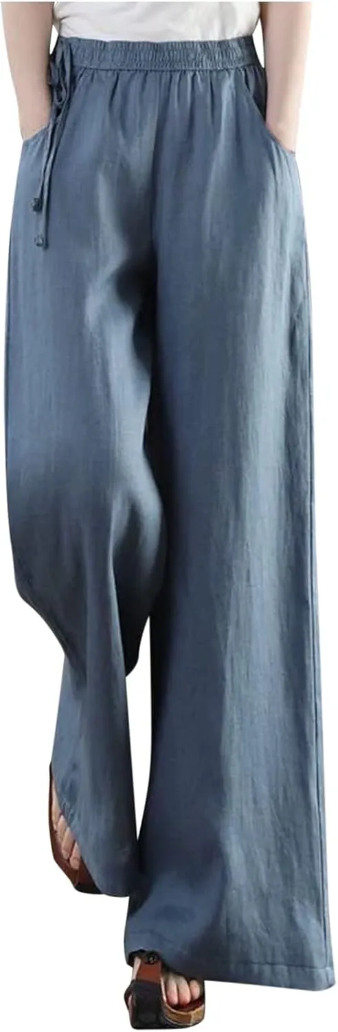 Women's Cotton Linen Pants Casual Solid Wide Leg Trousers Loose Elastic Waist Drawstring Palazzo Pant with Pockets