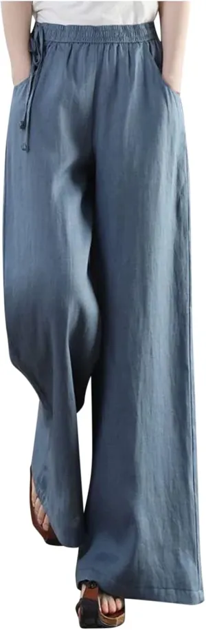 Women's Cotton Linen Pants Casual Solid Wide Leg Trousers Loose Elastic Waist Drawstring Palazzo Pant with Pockets