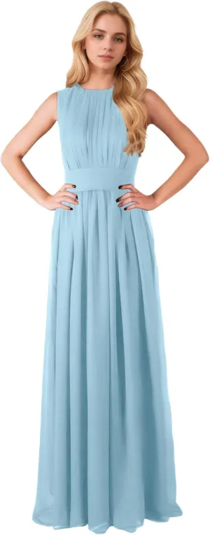 Women's Crew Neck Sleeveless A Line High Waist Chiffon Bridesmaid Dress with Pocket IIF135