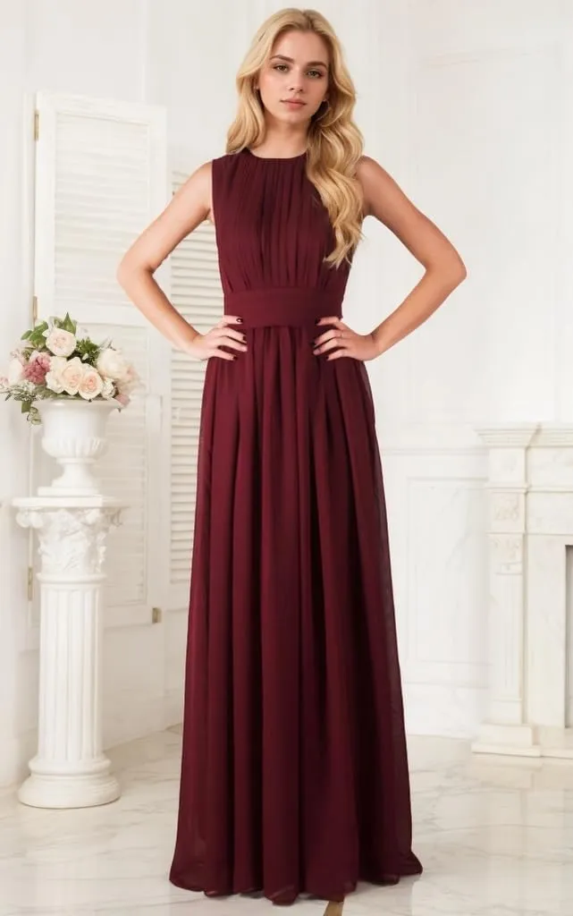Women's Crew Neck Sleeveless A Line High Waist Chiffon Bridesmaid Dress with Pocket IIF135