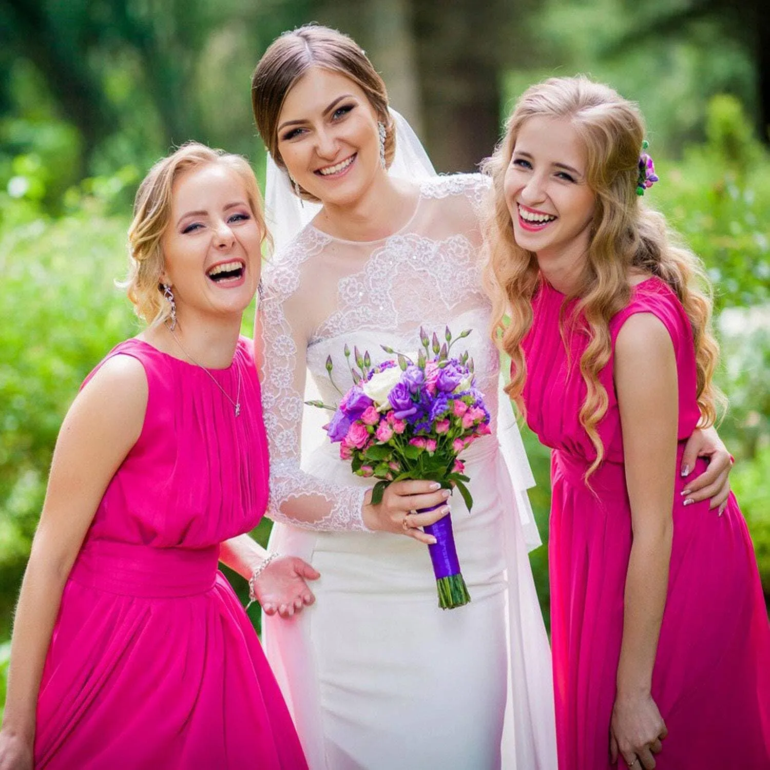 Women's Crew Neck Sleeveless A Line High Waist Chiffon Bridesmaid Dress with Pocket IIF135
