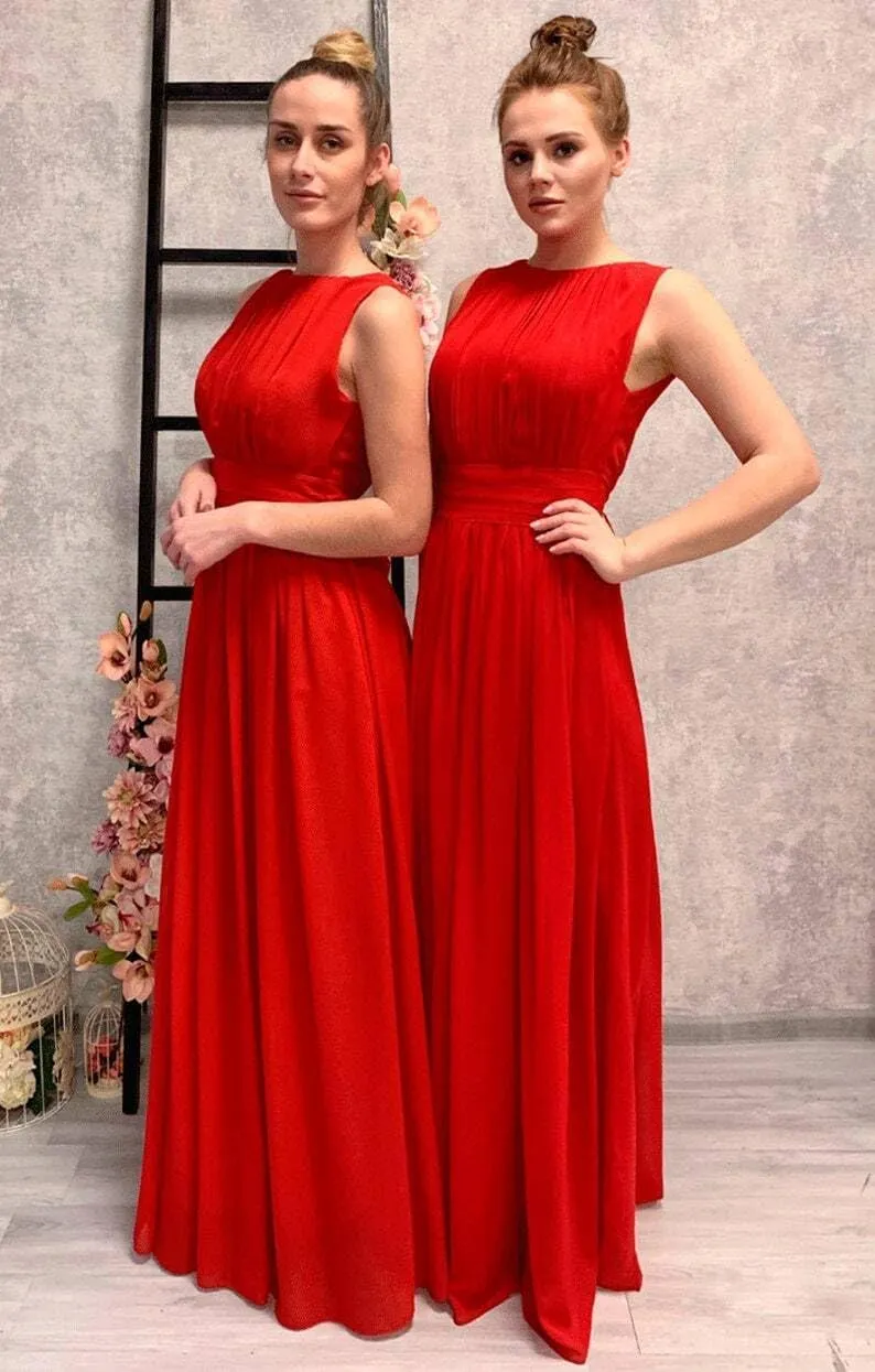 Women's Crew Neck Sleeveless A Line High Waist Chiffon Bridesmaid Dress with Pocket IIF135
