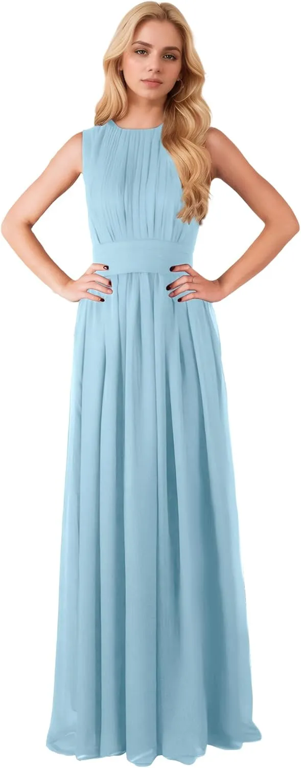Women's Crew Neck Sleeveless A Line High Waist Chiffon Bridesmaid Dress with Pocket IIF135
