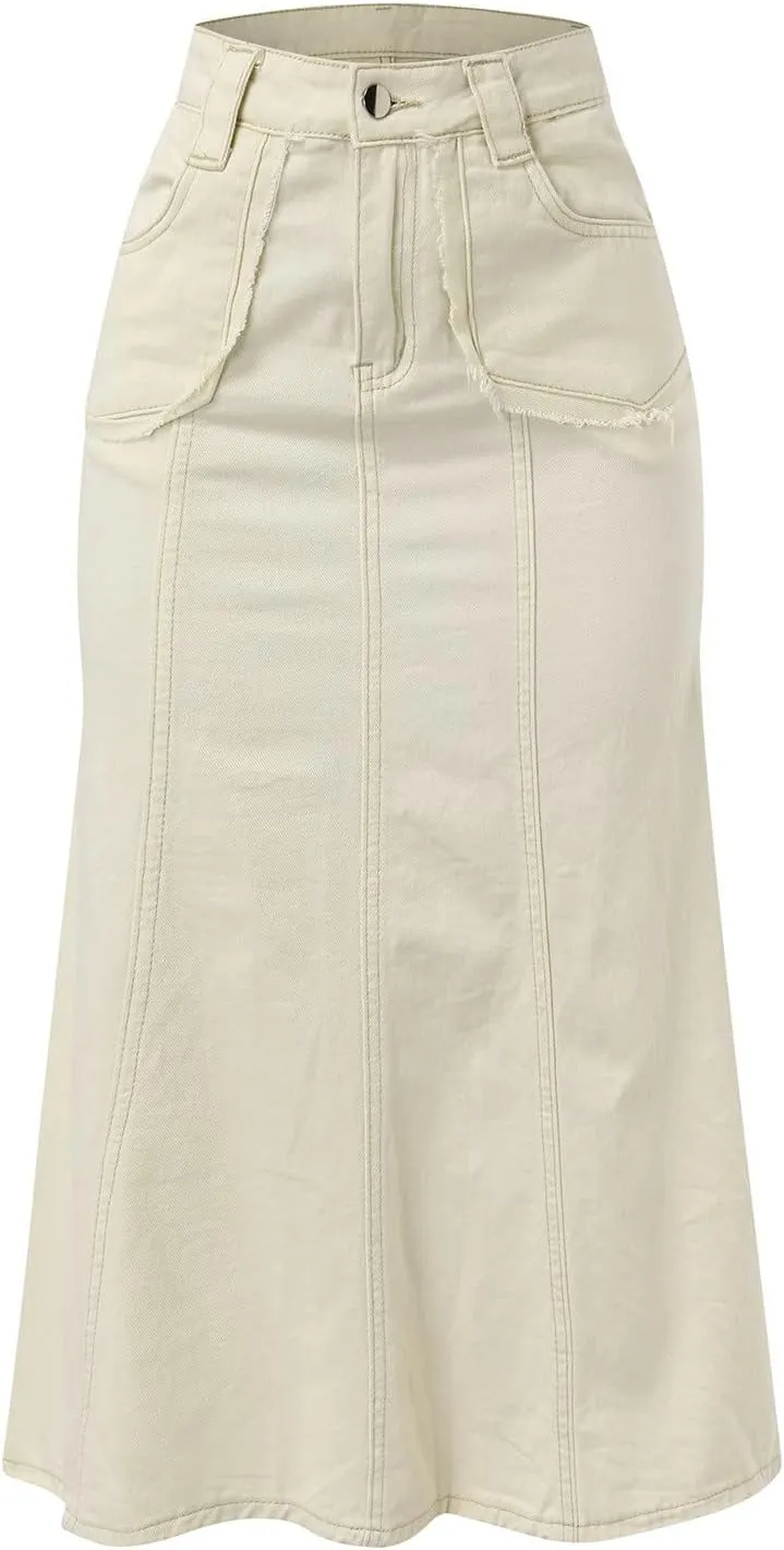 Women's Curvy Tummy Control Skirt High Waisted Midi Length Casual Cute Button Down Fishtail Skirts Sexy Denim Trendy