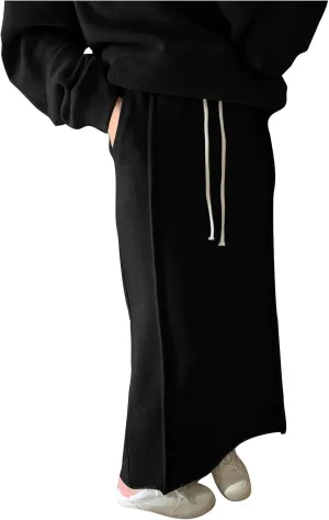 Women's Drawstring Stretch Mid Calf Length Skirt Elastic Waisted Solid Skirts Spring Summer Casual Comfy Skirt