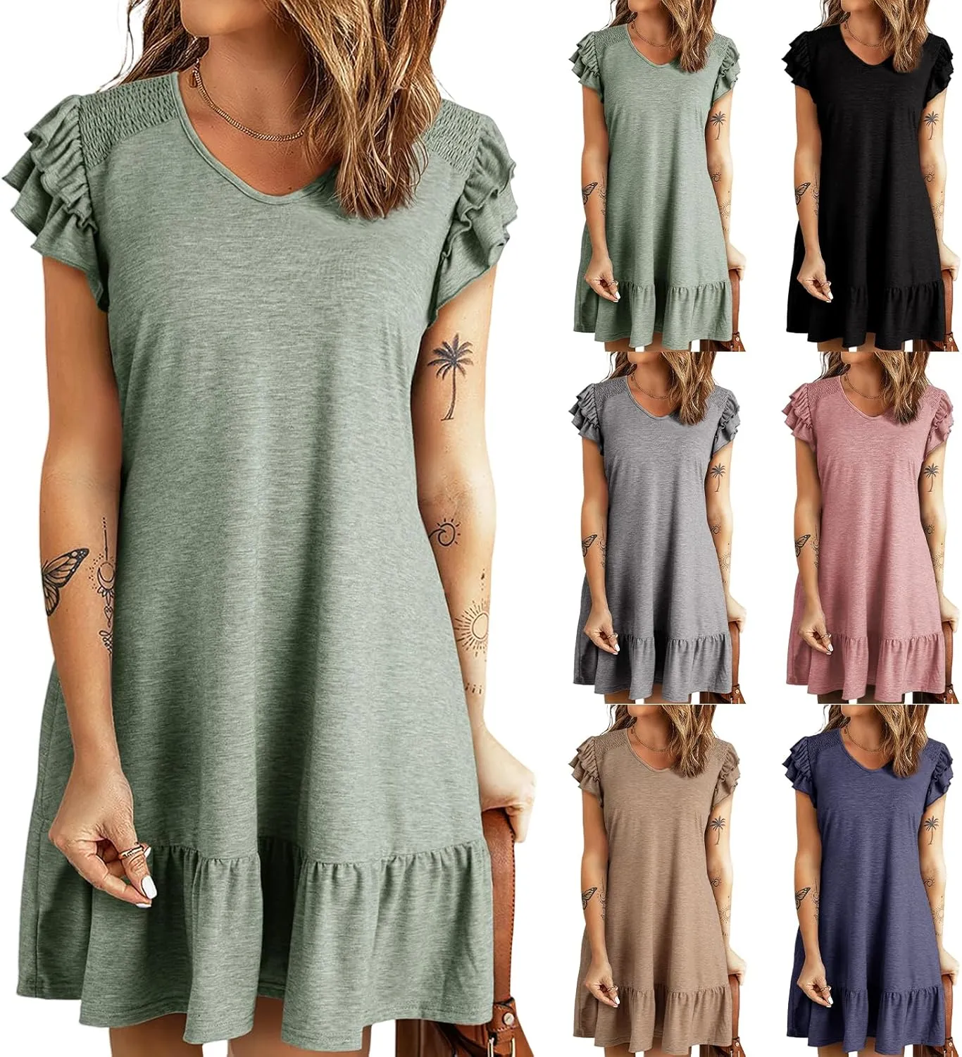Womens Dresses 2025 Ruffle Cap Sleeve V-Neck Flowy Swing Mini Dress Summer Casual High Waist A Line Sundress for Beach