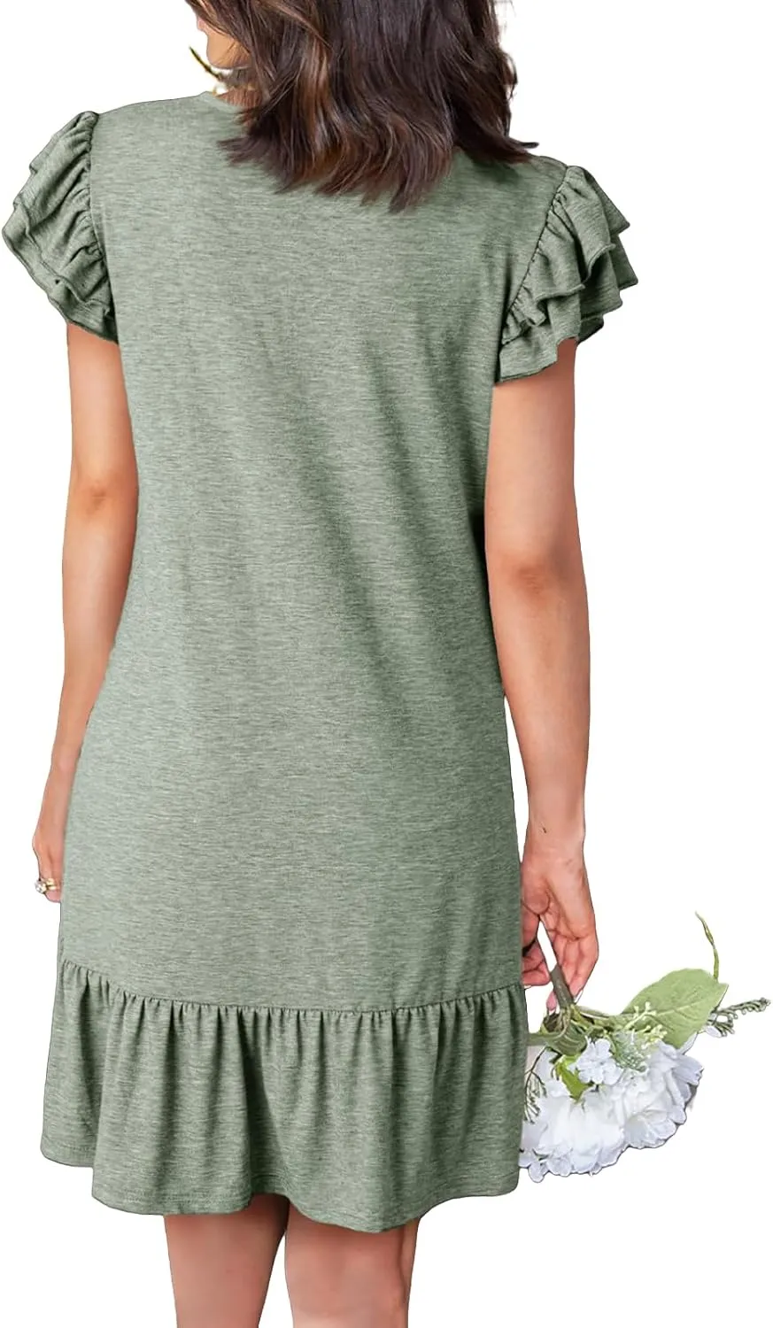 Womens Dresses 2025 Ruffle Cap Sleeve V-Neck Flowy Swing Mini Dress Summer Casual High Waist A Line Sundress for Beach