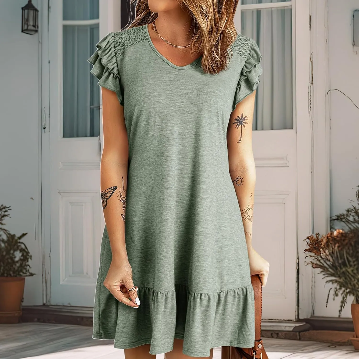 Womens Dresses 2025 Ruffle Cap Sleeve V-Neck Flowy Swing Mini Dress Summer Casual High Waist A Line Sundress for Beach