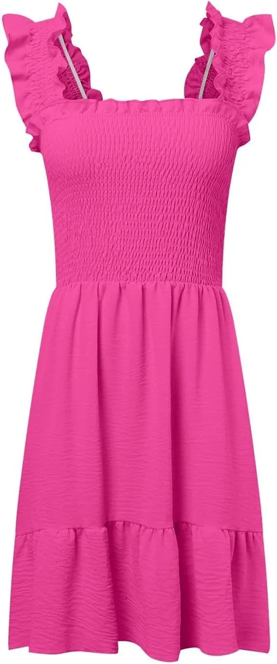Women's Dresses Solid Color Square Collar Sleeveless Smocked Ruffle Dress High Waist Backless Tiered Mini Dresses