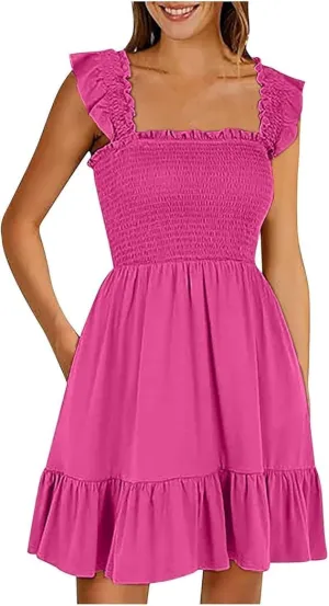 Women's Dresses Solid Color Square Collar Sleeveless Smocked Ruffle Dress High Waist Backless Tiered Mini Dresses