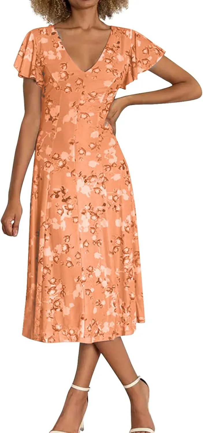 Womens Dresses Spring Summer Swing Casual Fitted Maxi Dresses for Women 2025 Ruffle Short Sleeve