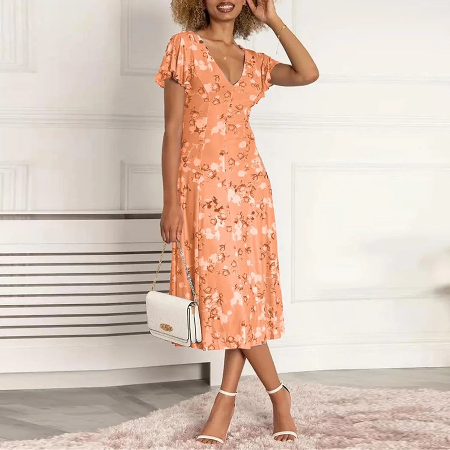 Womens Dresses Spring Summer Swing Casual Fitted Maxi Dresses for Women 2025 Ruffle Short Sleeve