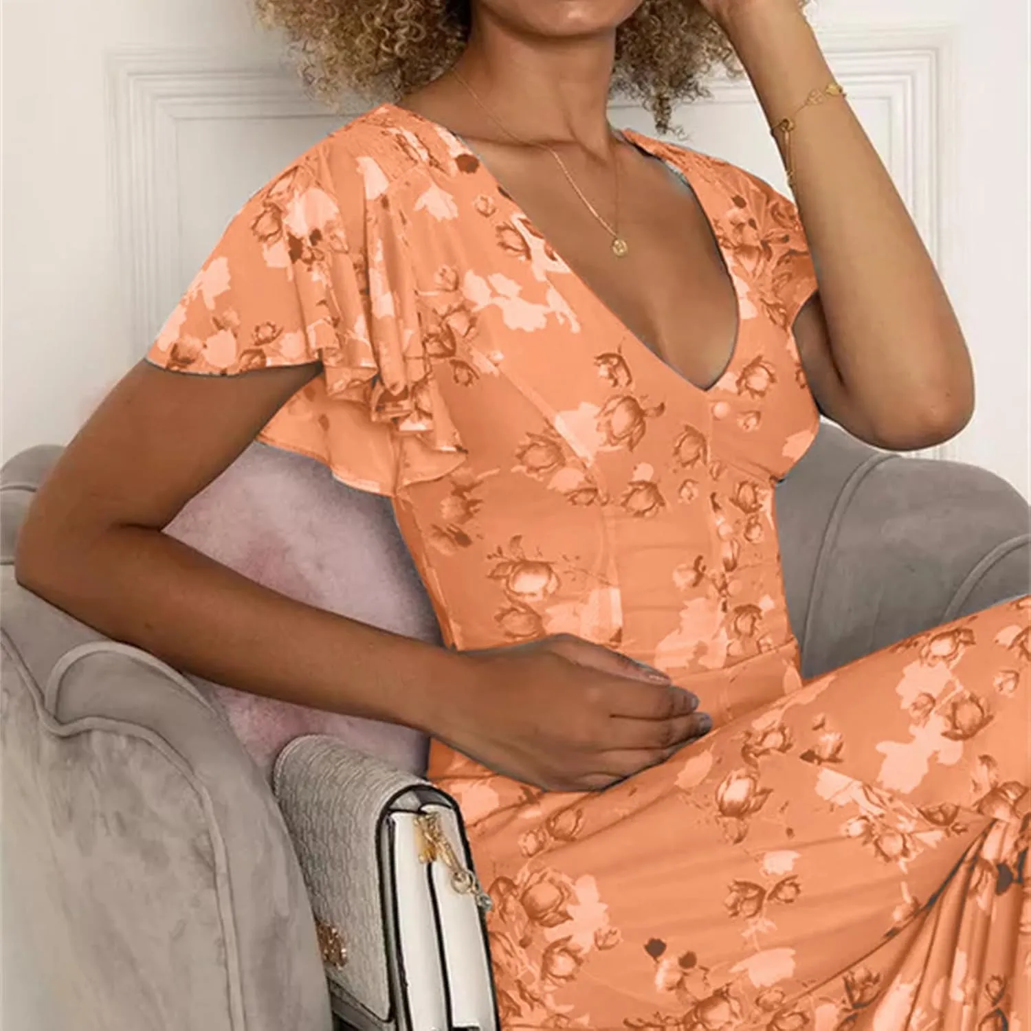 Womens Dresses Spring Summer Swing Casual Fitted Maxi Dresses for Women 2025 Ruffle Short Sleeve