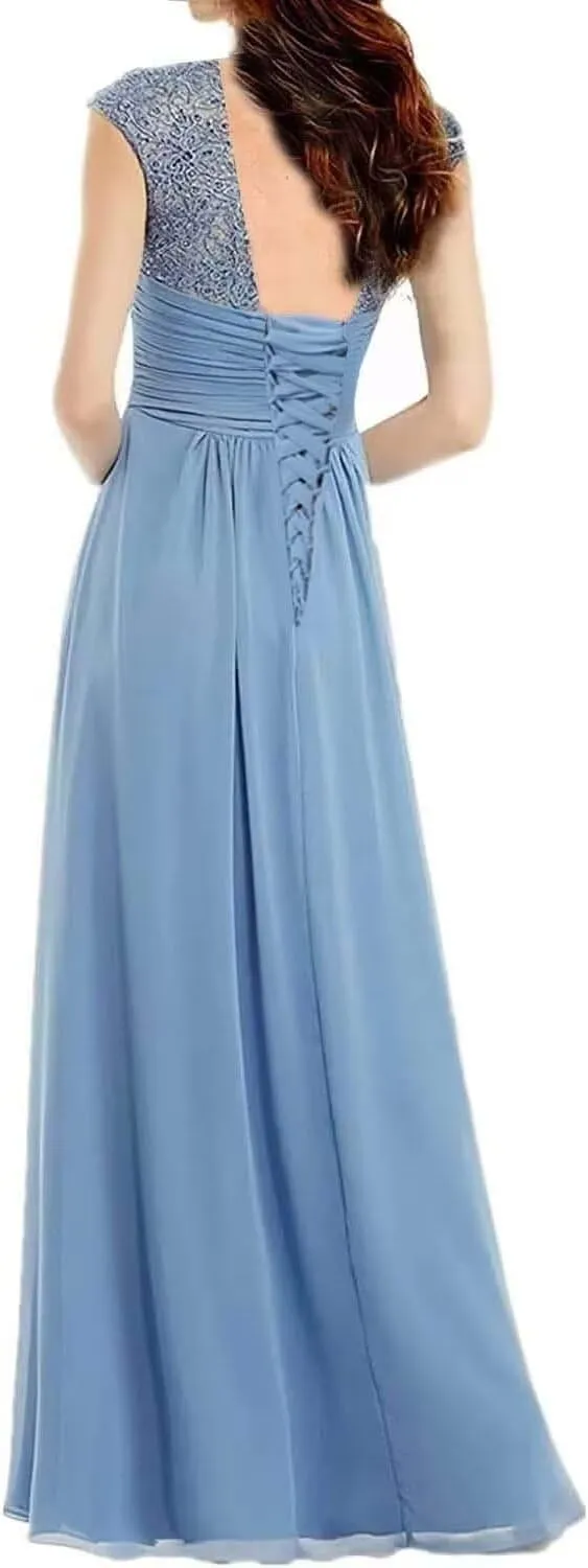 Women's Elegant Laces Appliques Mother of The Bride Dresses Long for Wedding V Neck Formal Evening Gowns