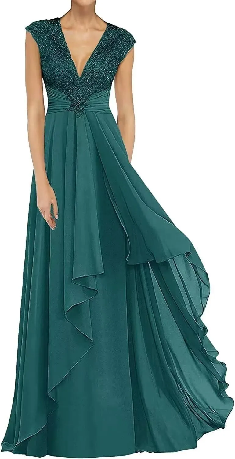 Women's Elegant Laces Appliques Mother of The Bride Dresses Long for Wedding V Neck Formal Evening Gowns