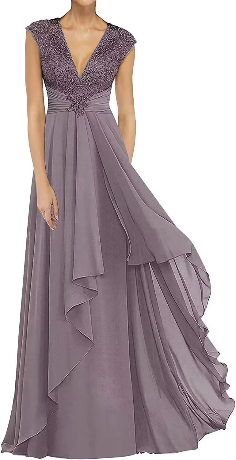 Women's Elegant Laces Appliques Mother of The Bride Dresses Long for Wedding V Neck Formal Evening Gowns