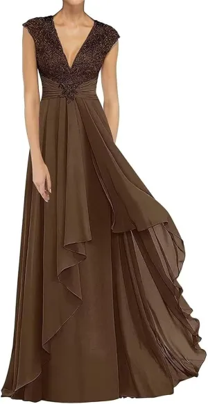 Women's Elegant Laces Appliques Mother of The Bride Dresses Long for Wedding V Neck Formal Evening Gowns