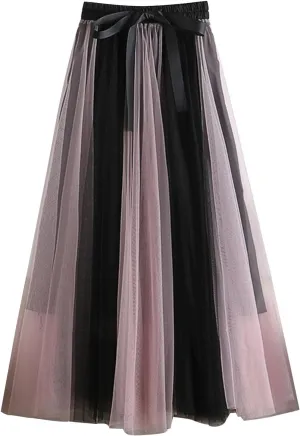 Women's Elegant Tulle Skirts Color Blocking Pleated Flowy Skirt Bow High Waist Ankle Length Midi Skirt