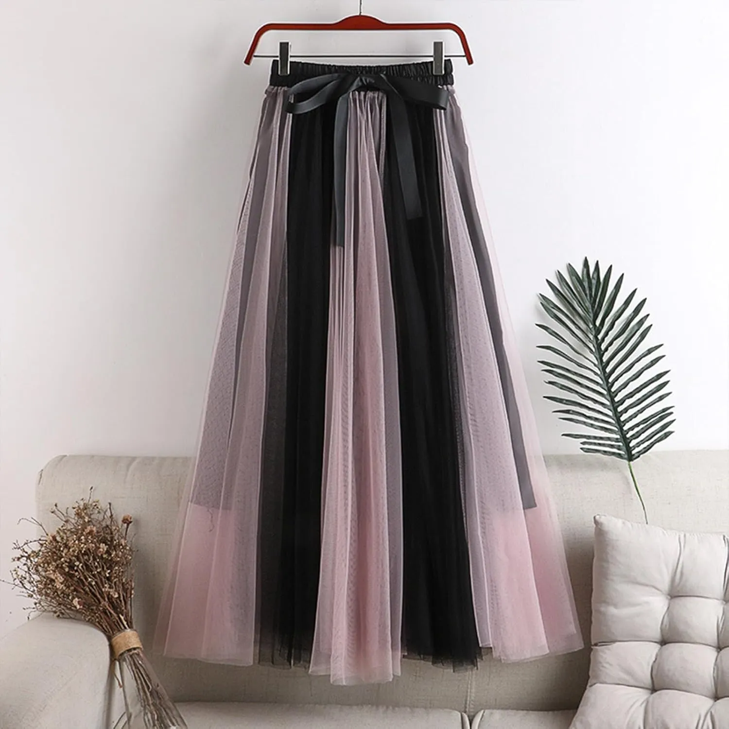 Women's Elegant Tulle Skirts Color Blocking Pleated Flowy Skirt Bow High Waist Ankle Length Midi Skirt