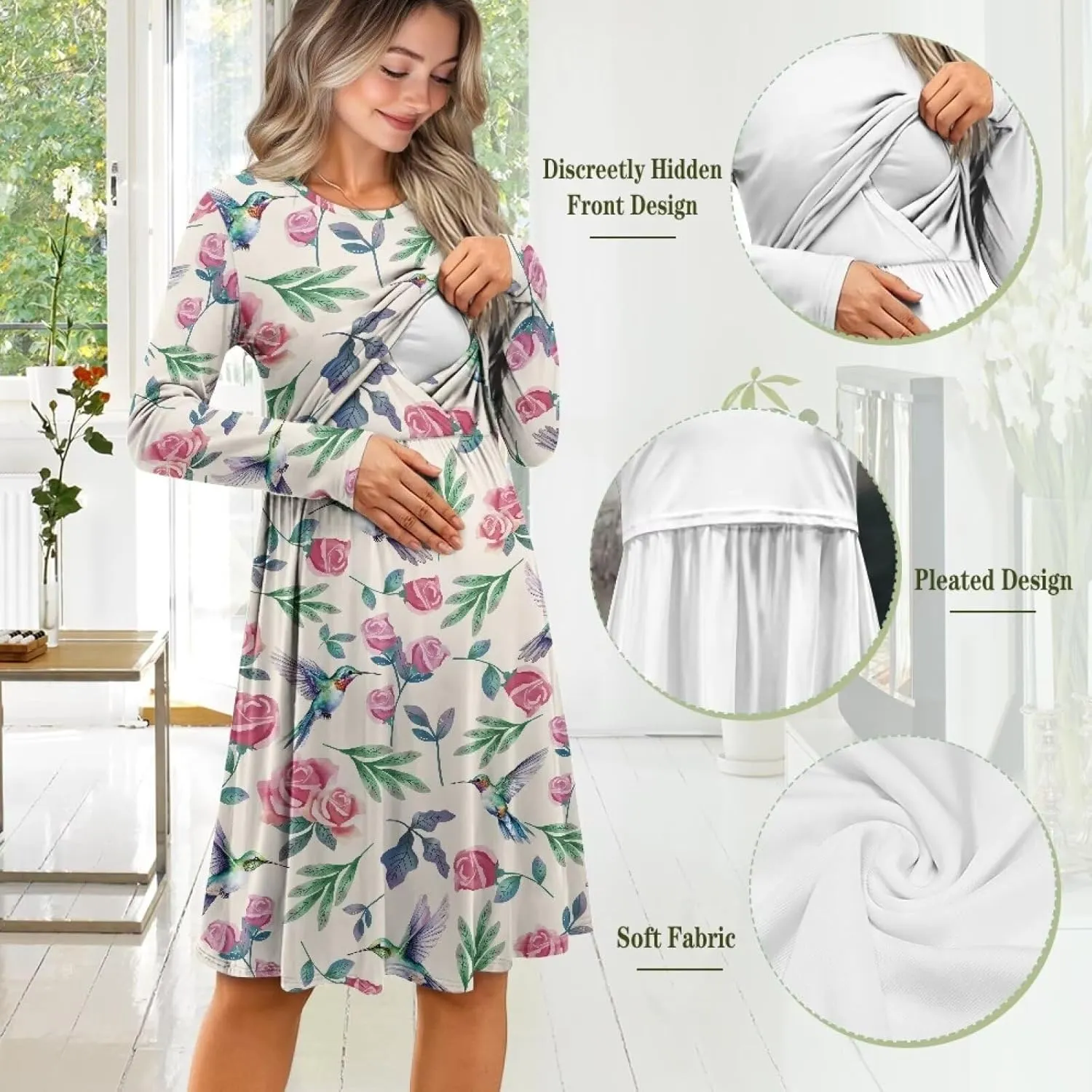 Women's Fashion Crew Neck Midi Dress Maternity Clothes Nursing Dresses Pregnancy Dresses Flowy Midi Dresses