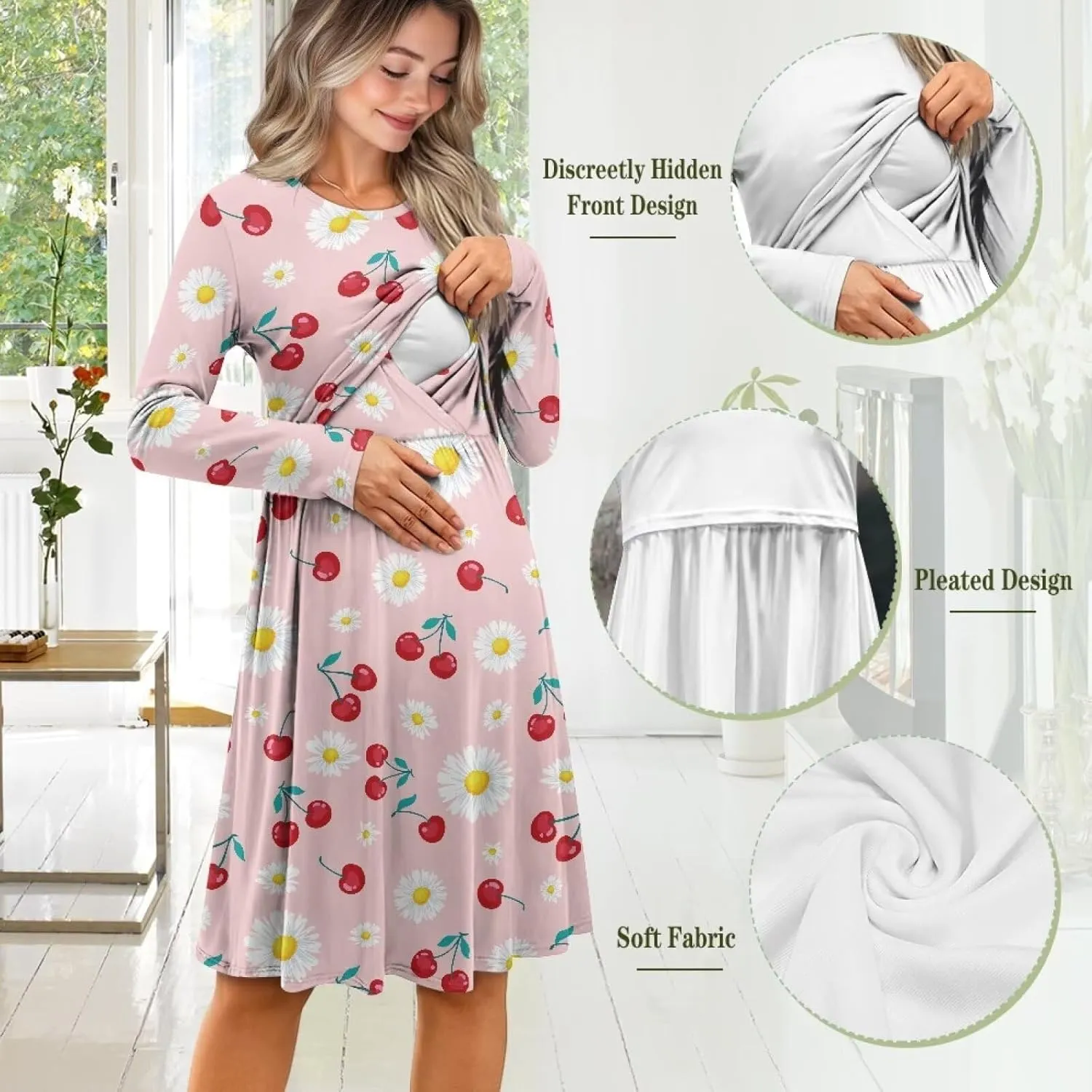 Women's Fashion Crew Neck Midi Dress Maternity Clothes Nursing Dresses Pregnancy Dresses Flowy Midi Dresses