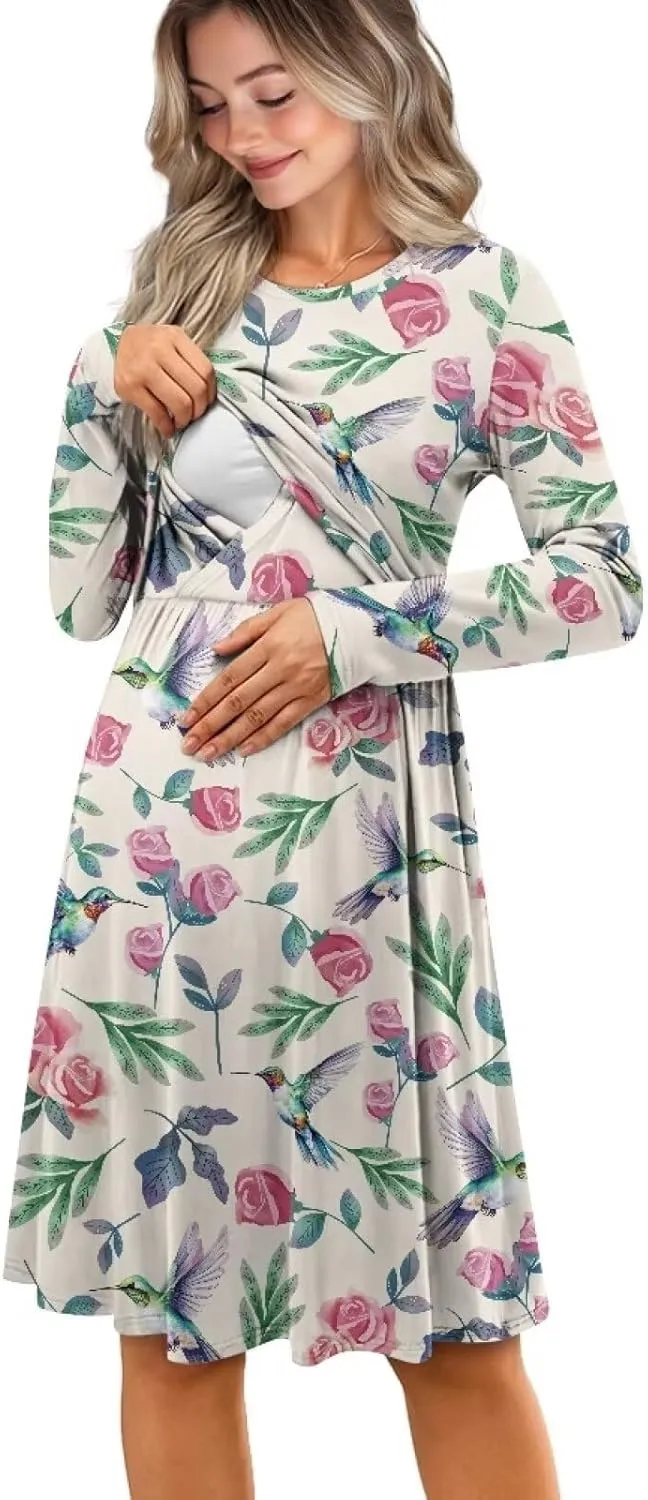 Women's Fashion Crew Neck Midi Dress Maternity Clothes Nursing Dresses Pregnancy Dresses Flowy Midi Dresses