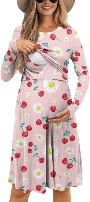 Women's Fashion Crew Neck Midi Dress Maternity Clothes Nursing Dresses Pregnancy Dresses Flowy Midi Dresses