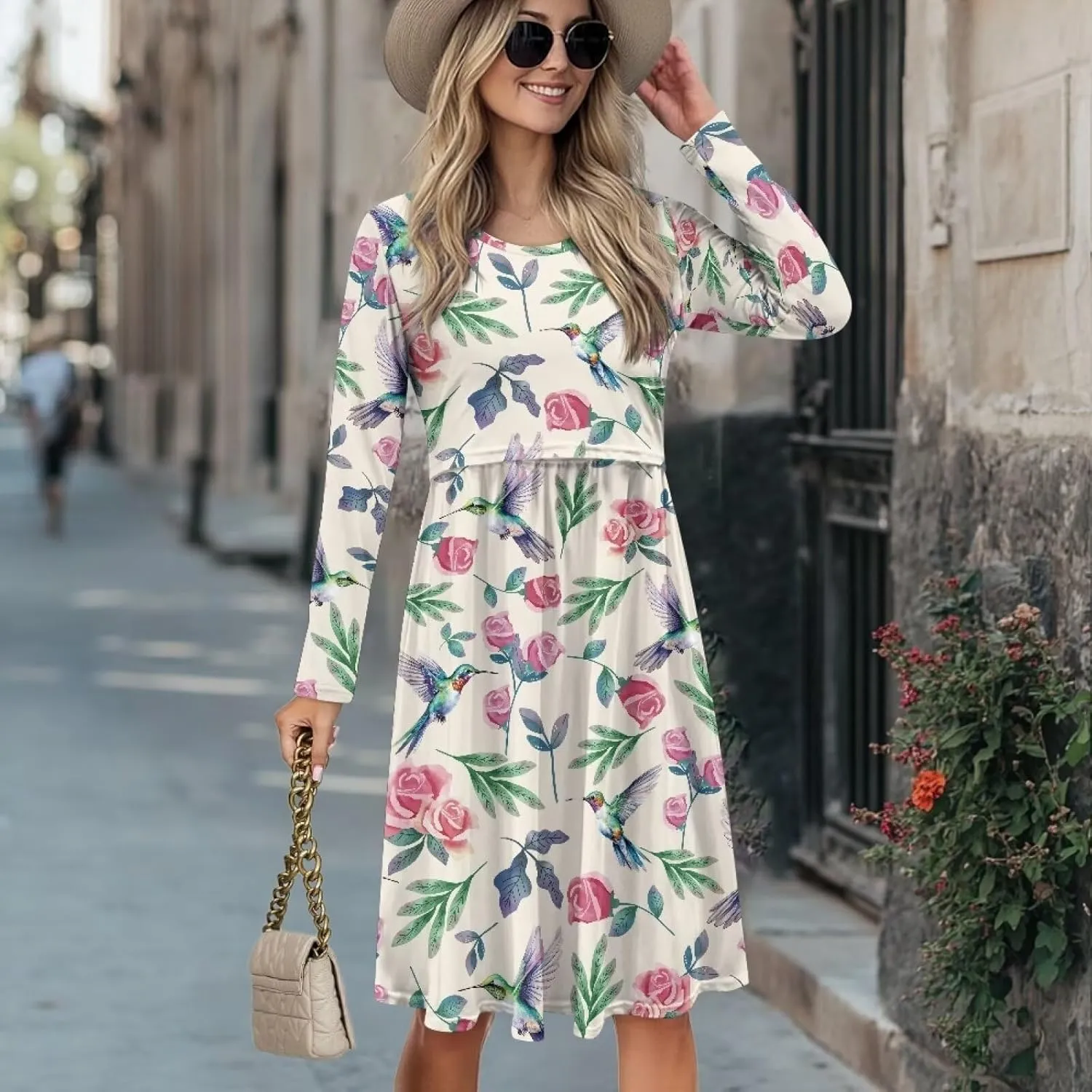 Women's Fashion Crew Neck Midi Dress Maternity Clothes Nursing Dresses Pregnancy Dresses Flowy Midi Dresses