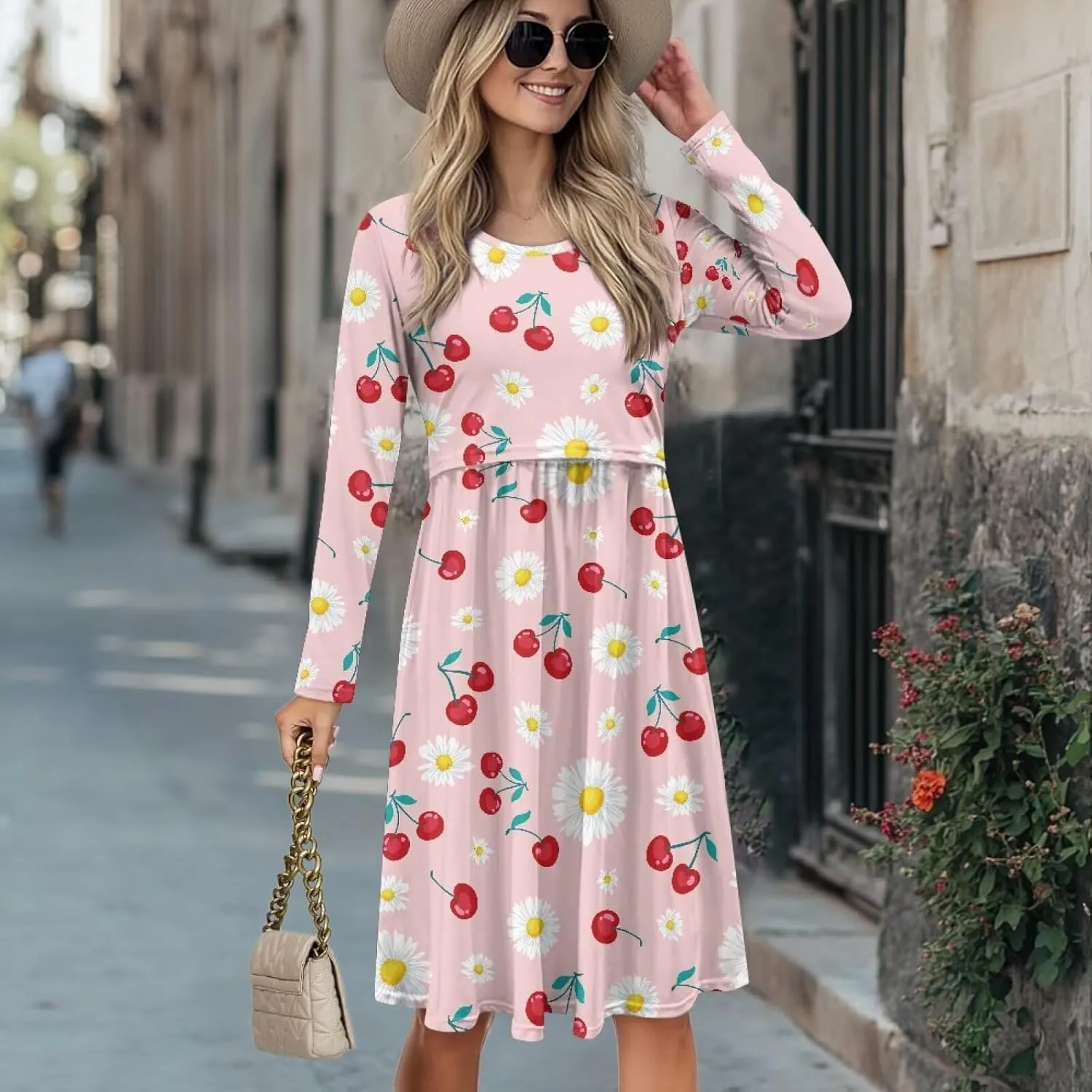Women's Fashion Crew Neck Midi Dress Maternity Clothes Nursing Dresses Pregnancy Dresses Flowy Midi Dresses