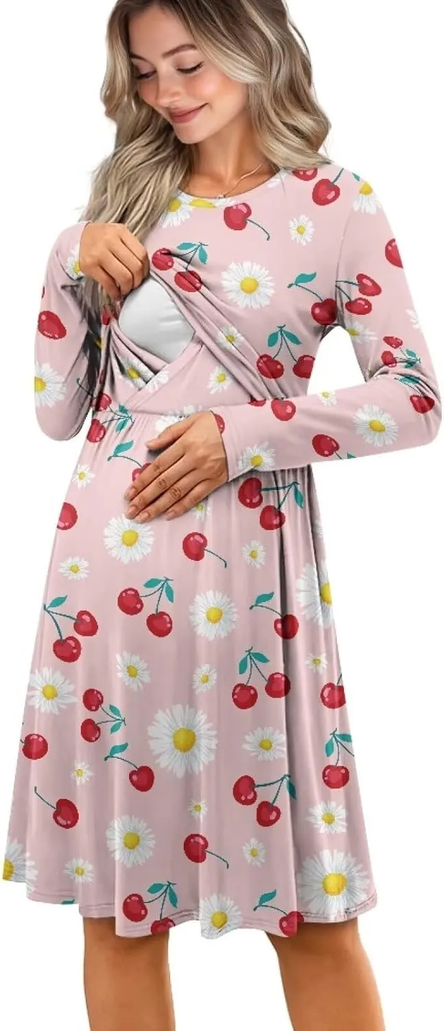 Women's Fashion Crew Neck Midi Dress Maternity Clothes Nursing Dresses Pregnancy Dresses Flowy Midi Dresses