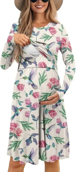 Women's Fashion Crew Neck Midi Dress Maternity Clothes Nursing Dresses Pregnancy Dresses Flowy Midi Dresses