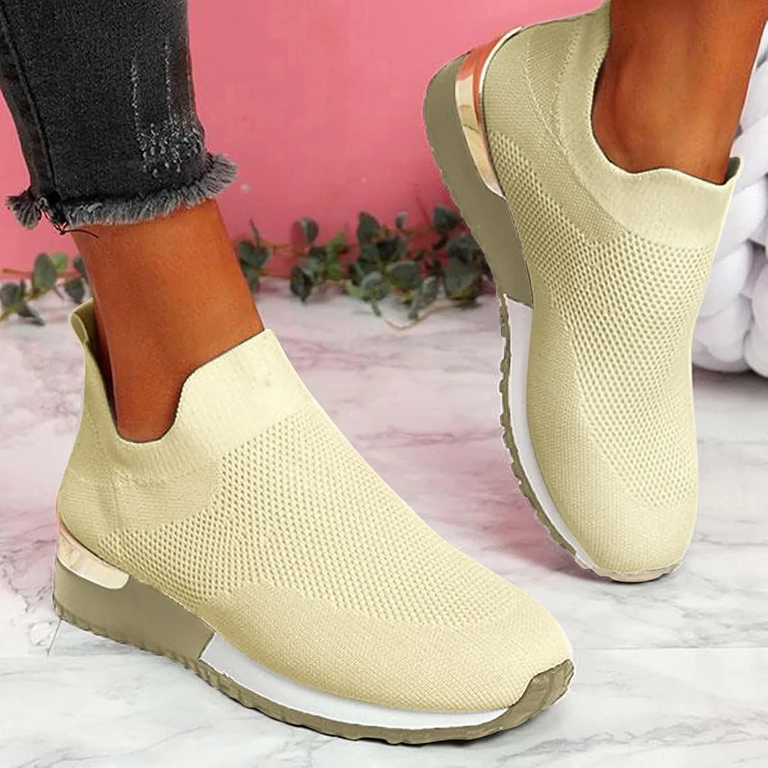 Women's Fashion Sneaker Mesh Slip On Black Non Slip Shoes for Women Comfortable Walking Shoes for Men Wide Width Black Platform Loafers Women Sock Sneakers Women