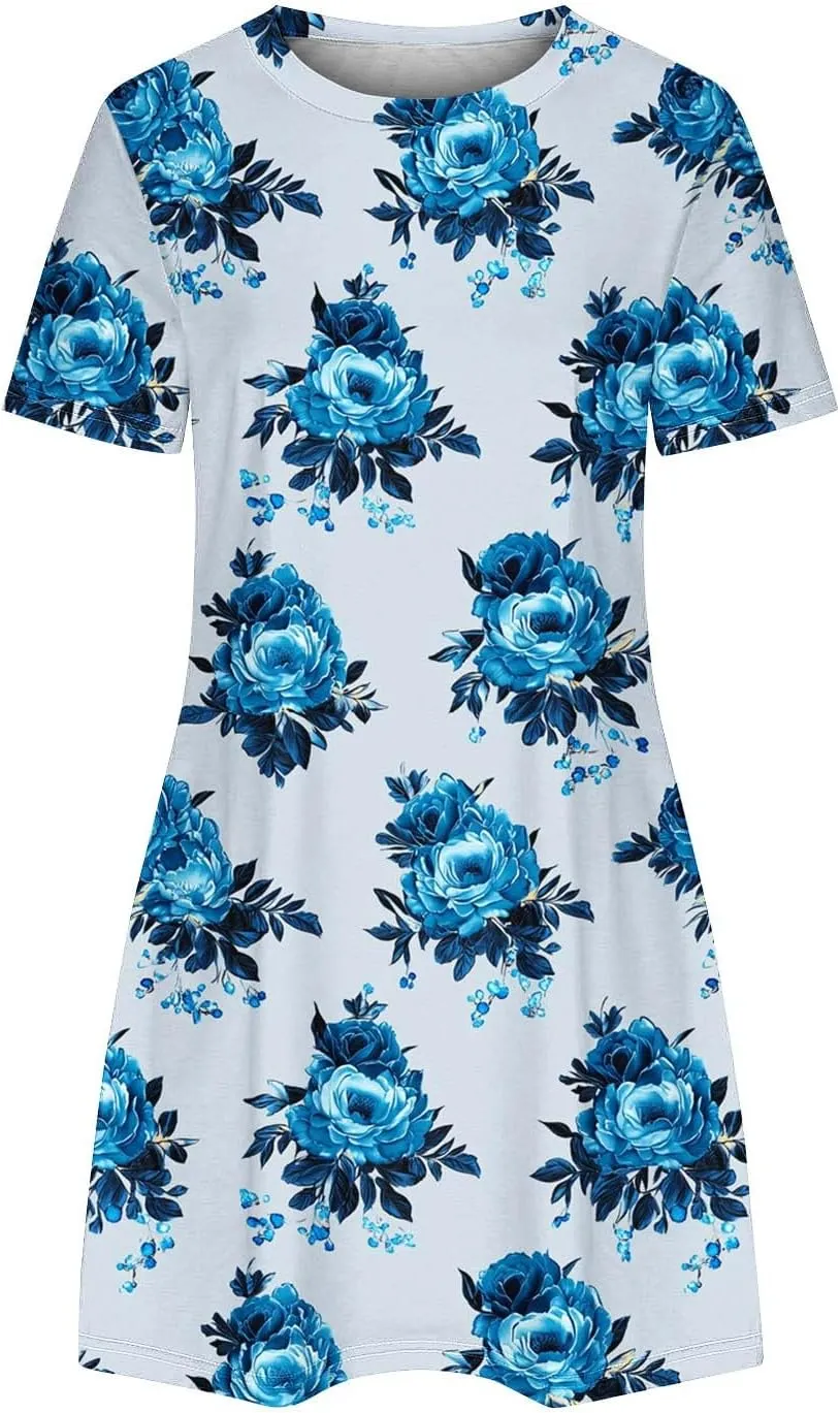 Womens Fashion Summer Shirtdress Floral Print Short Sleeve Round Neck A-Line Dresses 2025 Casual Mini Sundress