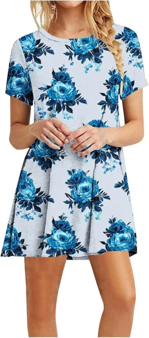 Womens Fashion Summer Shirtdress Floral Print Short Sleeve Round Neck A-Line Dresses 2025 Casual Mini Sundress