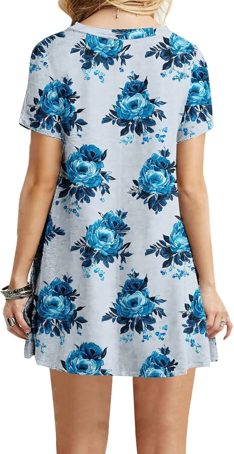 Womens Fashion Summer Shirtdress Floral Print Short Sleeve Round Neck A-Line Dresses 2025 Casual Mini Sundress