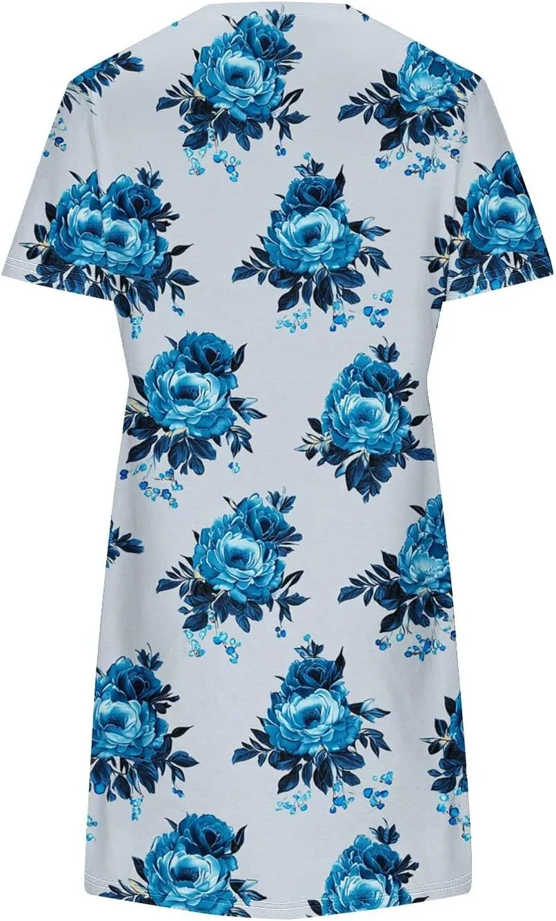 Womens Fashion Summer Shirtdress Floral Print Short Sleeve Round Neck A-Line Dresses 2025 Casual Mini Sundress