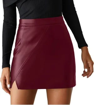 Womens Faux Leather Pencil Skirts Stretch High Waist Mini Skirt Fashion Sexy Pu Split Bodycon Short Skirts with Slit