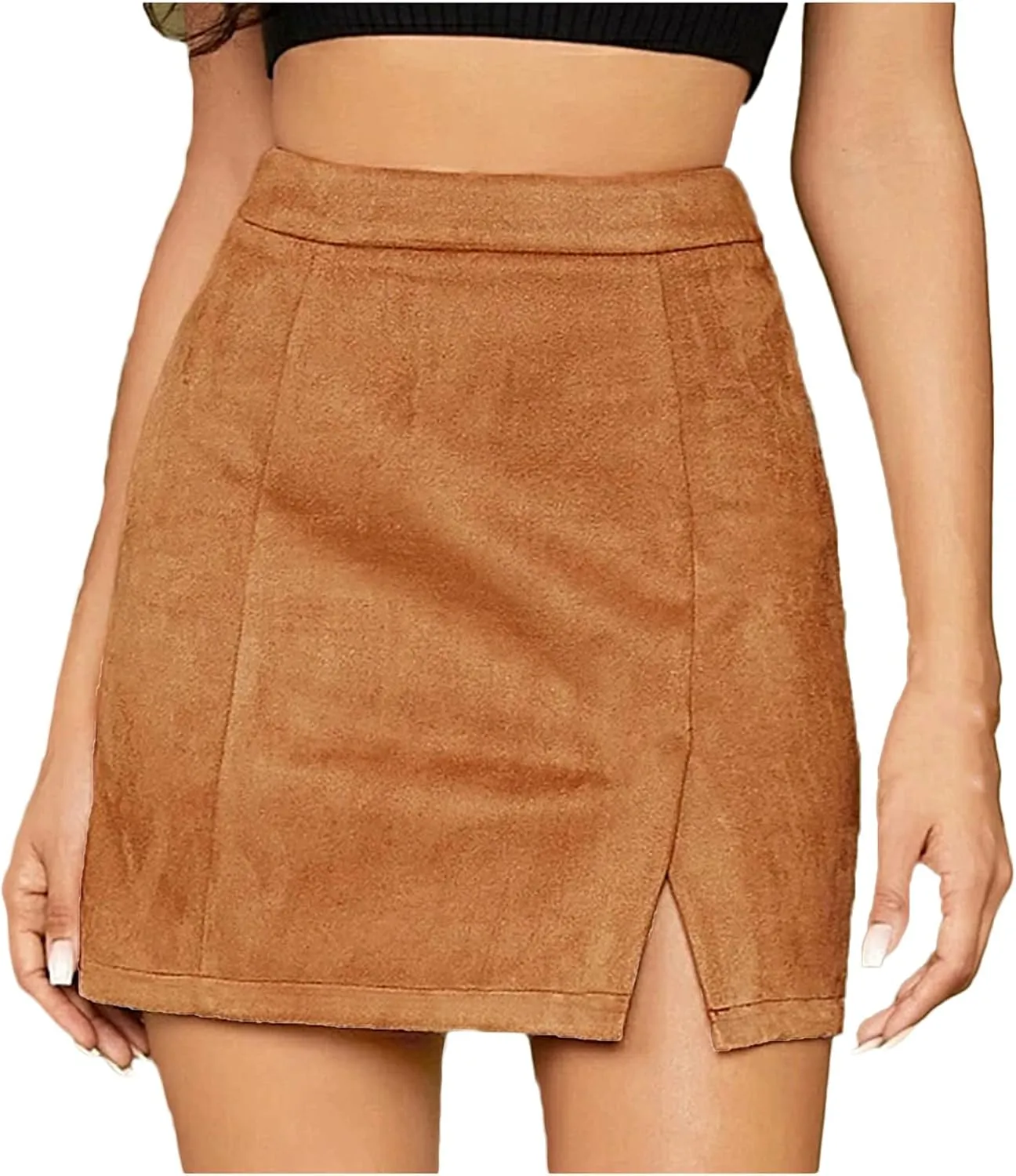 Womens Faux Suede Skirt with Slit High Waisted Mini Skirt Side Split A-Line Bodycon Short Skirt 2025 Fashion Skirts