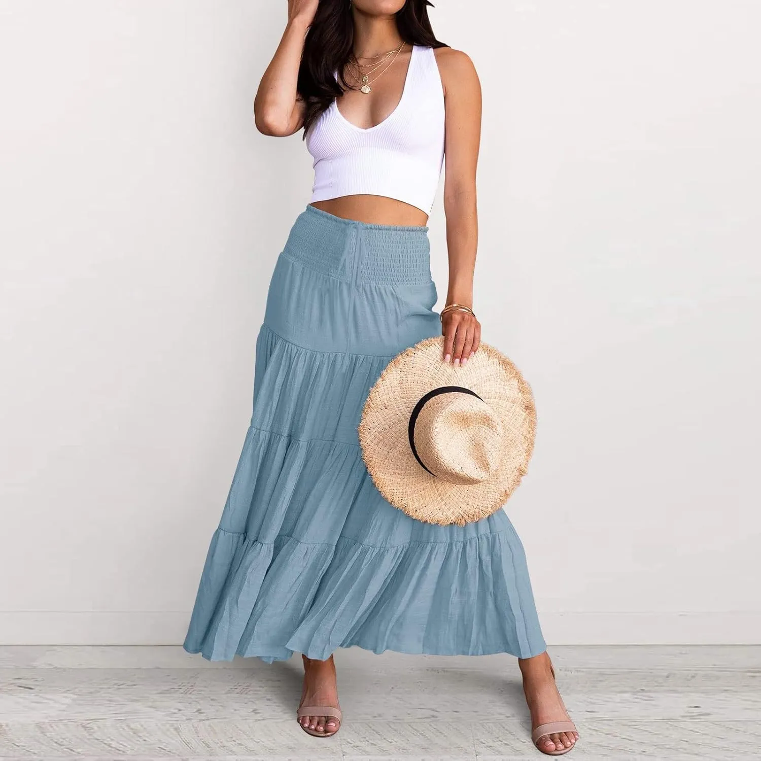 Womens Floral Boho Maxi Skirt Elastic High Waist Tiered Pleated Flowy Long Summer Casual Beach Skirt
